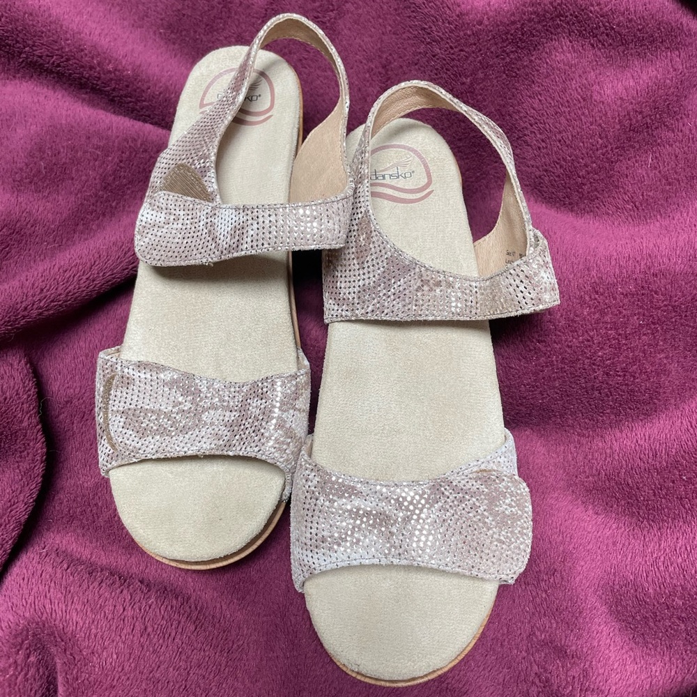 Dansko sandals with Velcro close, silver snakeskin color, size 41 (size 10)